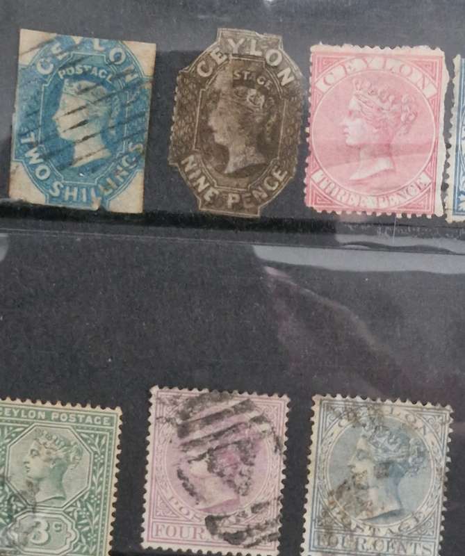 Lot of 7 sheets and 1 strip Ceylon stamps 1800s and 1900s