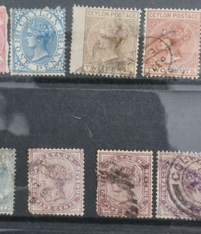 Lot of 7 sheets and 1 strip Ceylon stamps 1800s and 1900s