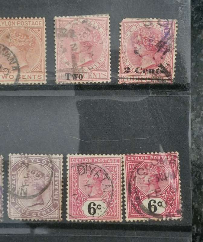 Lot of 7 sheets and 1 strip Ceylon stamps 1800s and 1900s