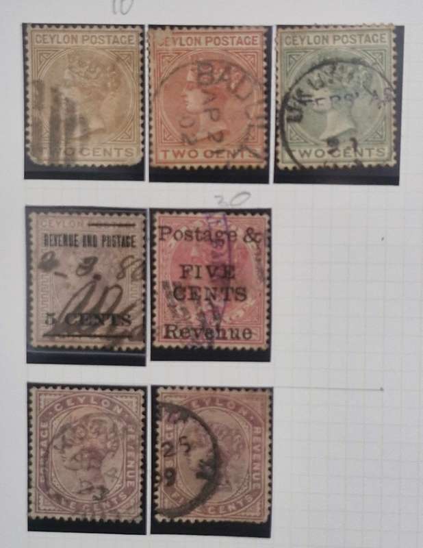 Lot of 7 sheets and 1 strip Ceylon stamps 1800s and 1900s
