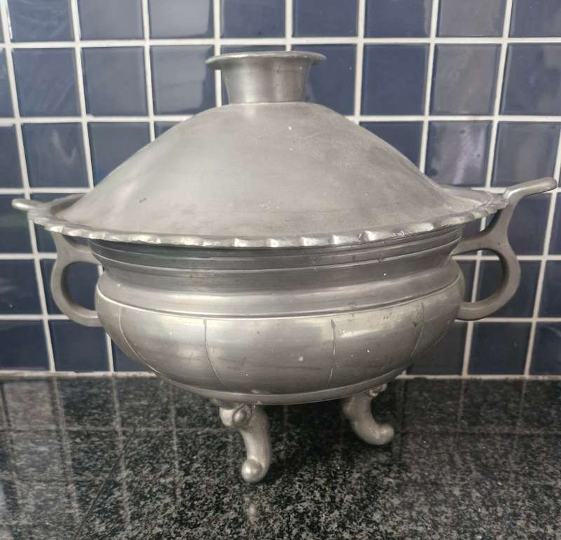 3 PIECE ORIENTAL WARMING DISH WITH PLATE AND COVER- PEWTER? MAKERS STAMP ON BOTTOM OF DISH AND PLATE