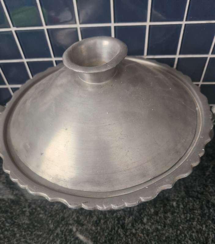 3 PIECE ORIENTAL WARMING DISH WITH PLATE AND COVER- PEWTER? MAKERS STAMP ON BOTTOM OF DISH AND PLATE