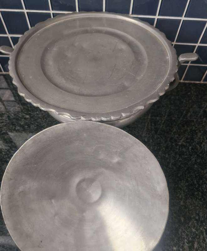 3 PIECE ORIENTAL WARMING DISH WITH PLATE AND COVER- PEWTER? MAKERS STAMP ON BOTTOM OF DISH AND PLATE
