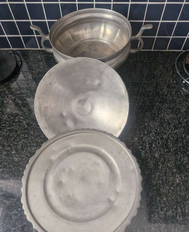 3 PIECE ORIENTAL WARMING DISH WITH PLATE AND COVER- PEWTER? MAKERS STAMP ON BOTTOM OF DISH AND PLATE