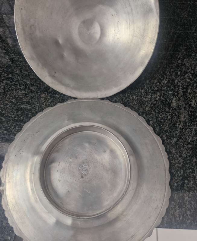 3 PIECE ORIENTAL WARMING DISH WITH PLATE AND COVER- PEWTER? MAKERS STAMP ON BOTTOM OF DISH AND PLATE