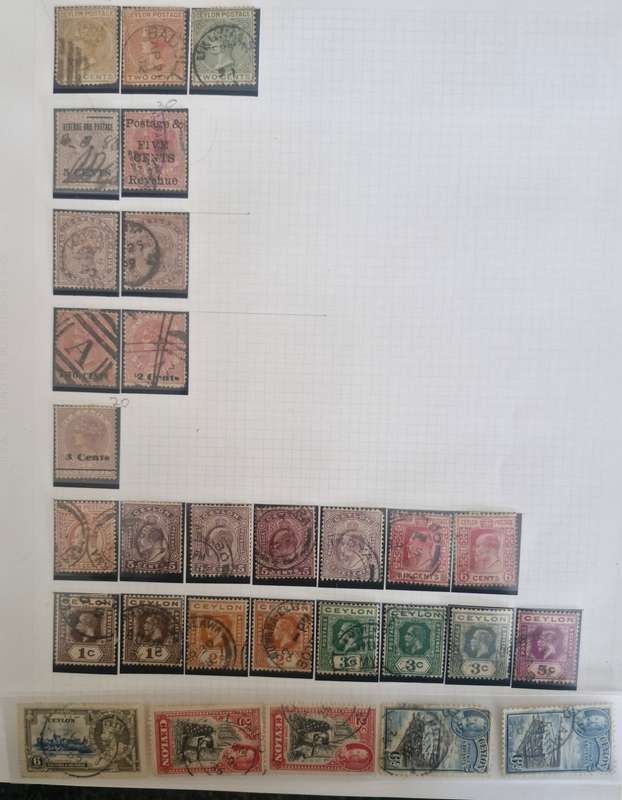 Lot of 7 sheets and 1 strip Ceylon stamps 1800s and 1900s
