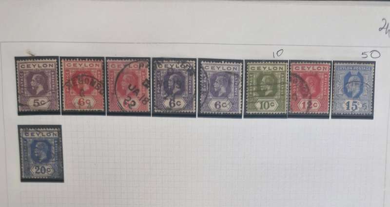 Lot of 7 sheets and 1 strip Ceylon stamps 1800s and 1900s