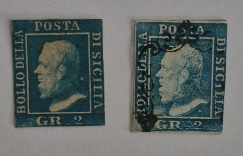 1858 Italy Sicilian 2 Gr stamps - 1 used and 1 unused.