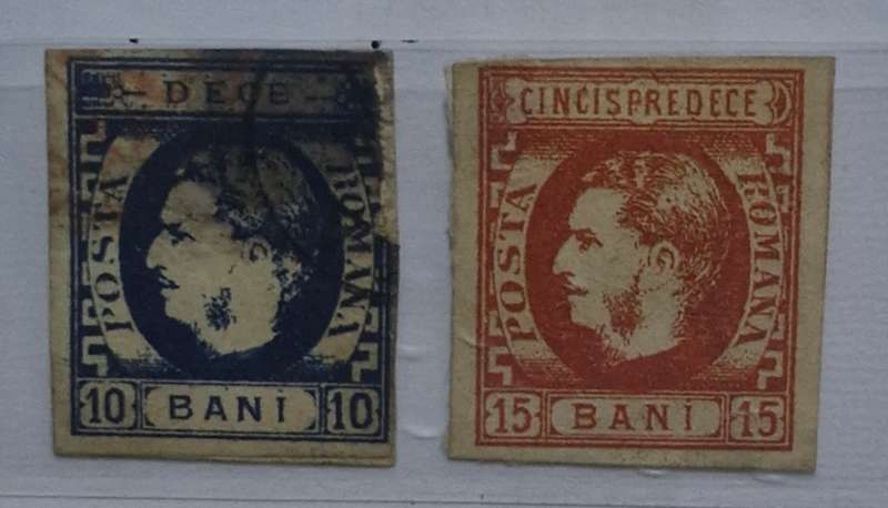 Romania 1869 Used Prince Karl I - 10 Bani (used)  and 15 Bani (Unused) stamps