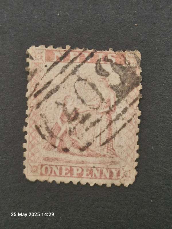 BATCH OF 4 NEVIS STAMPS INCLUDING 1867 QUEEN VICTORIA 1 PENNY STAMP, SPECIMEN STAMP & OFFICIAL STAMP