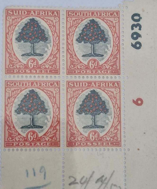 Lovely Corner block of 4 x 6d orange tree South African Stamps with Cylinder block no.
