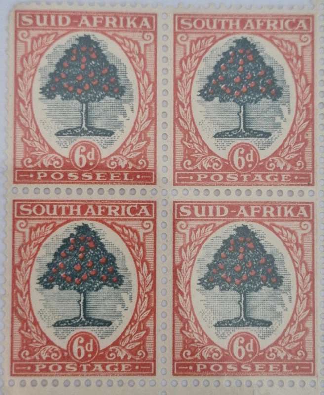 Lovely Corner block of 4 x 6d orange tree South African Stamps with Cylinder block no.