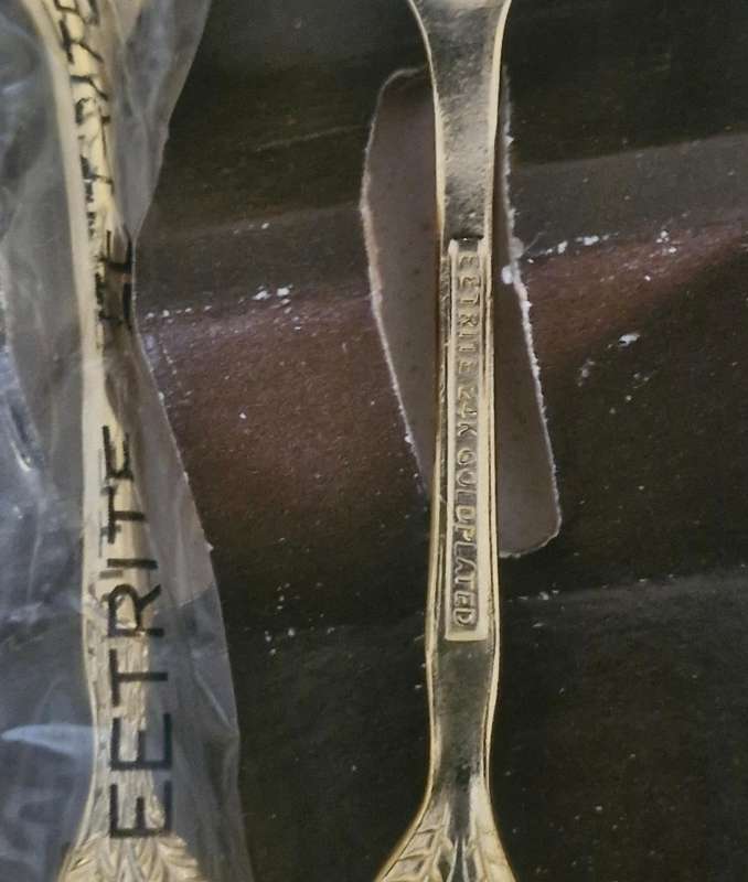 SET OF 24KT GOLD PLATED CAKE FORKS STILL IN BOX + USED 24KT GOLD SPOONS, FORKS AND TEASPOONS