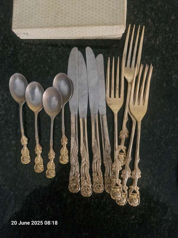 SET OF 24KT GOLD PLATED CAKE FORKS STILL IN BOX + USED 24KT GOLD SPOONS, FORKS AND TEASPOONS