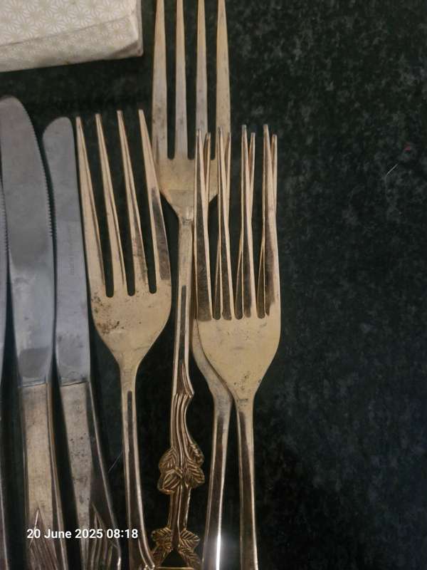SET OF 24KT GOLD PLATED CAKE FORKS STILL IN BOX + USED 24KT GOLD SPOONS, FORKS AND TEASPOONS
