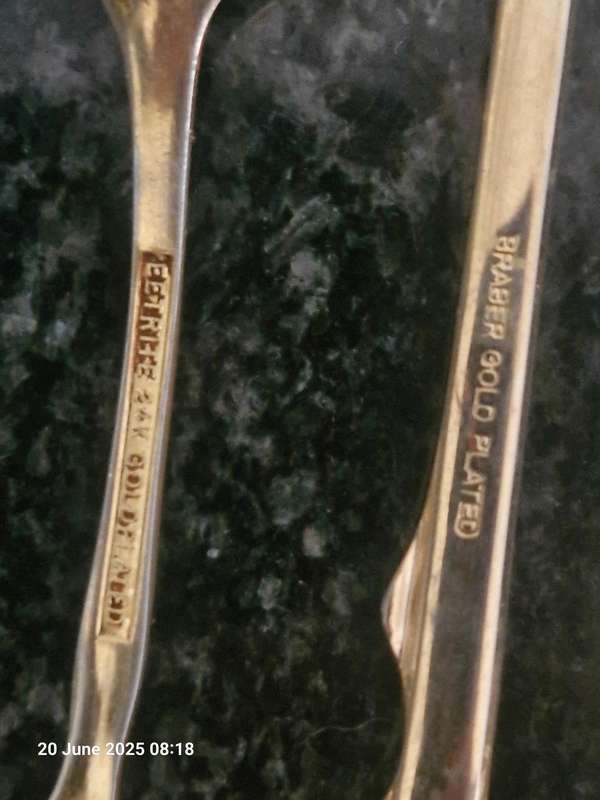 SET OF 24KT GOLD PLATED CAKE FORKS STILL IN BOX + USED 24KT GOLD SPOONS, FORKS AND TEASPOONS