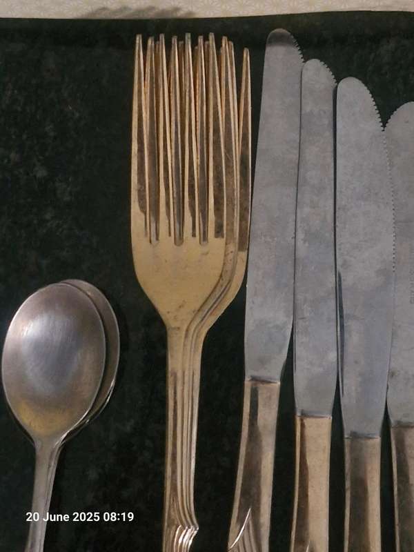 SET OF 24KT GOLD PLATED CAKE FORKS STILL IN BOX + USED 24KT GOLD SPOONS, FORKS AND TEASPOONS