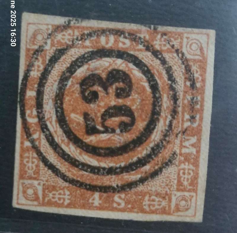 1854 Danish 4 skilling stamp - Dotted backround - very clear watermark and lovely cancellation.