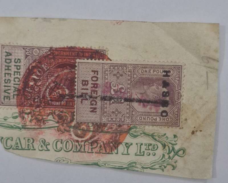 1902 British King Edward 1 pound Foreign bill stamp with Government of India 6 Rupees Revenue stamp