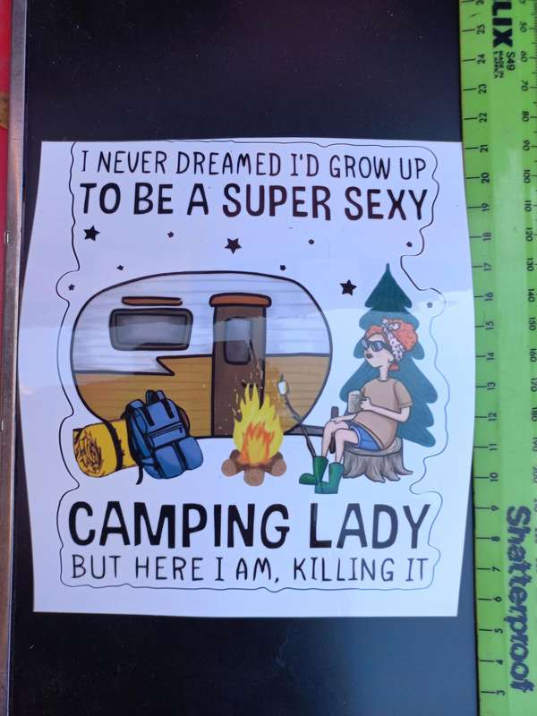 Bumper sticker for camping lady