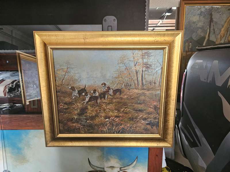 D. Higgins Hunting Hounds Oil on Board Painting