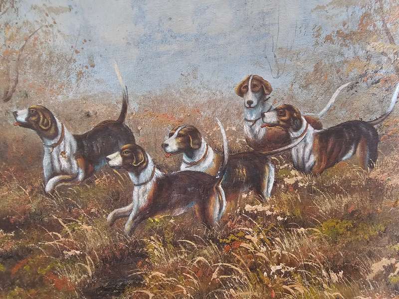 D. Higgins Hunting Hounds Oil on Board Painting