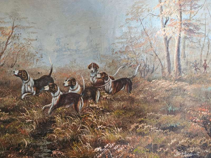 D. Higgins Hunting Hounds Oil on Board Painting