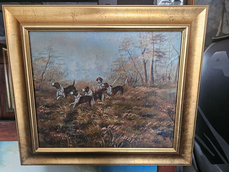 D. Higgins Hunting Hounds Oil on Board Painting