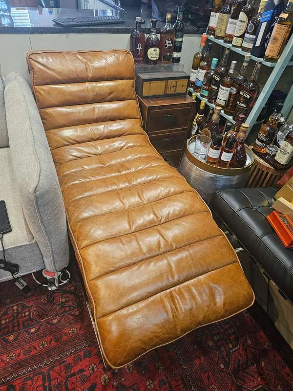 Lounger Chair - Stainless Steel and Brown Leather