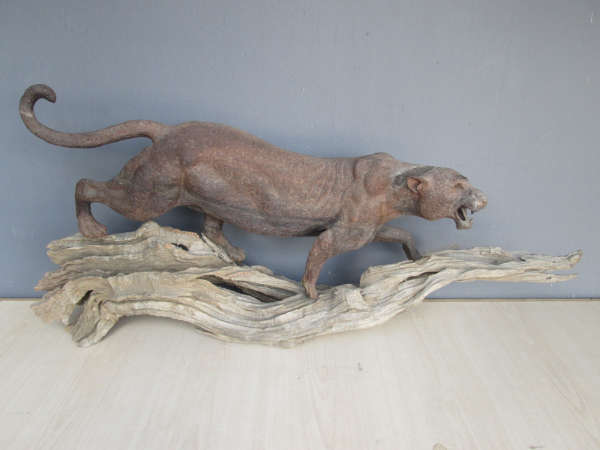 Rare Sculpture of a Mountain Lion on a Driftwood