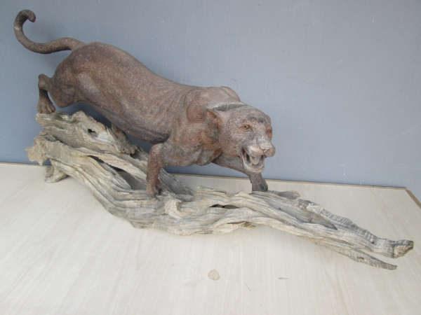 Rare Sculpture of a Mountain Lion on a Driftwood