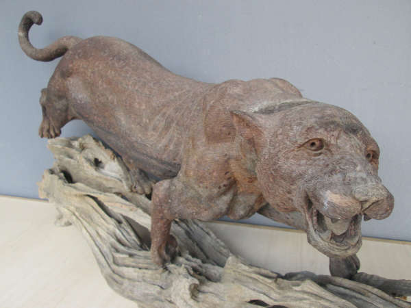 Rare Sculpture of a Mountain Lion on a Driftwood