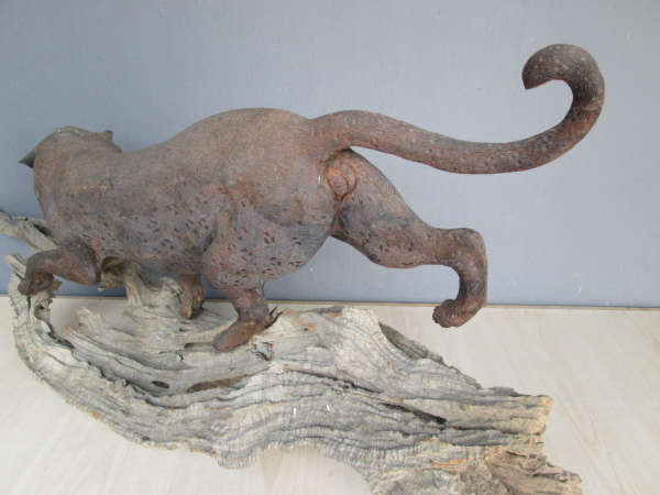 Rare Sculpture of a Mountain Lion on a Driftwood