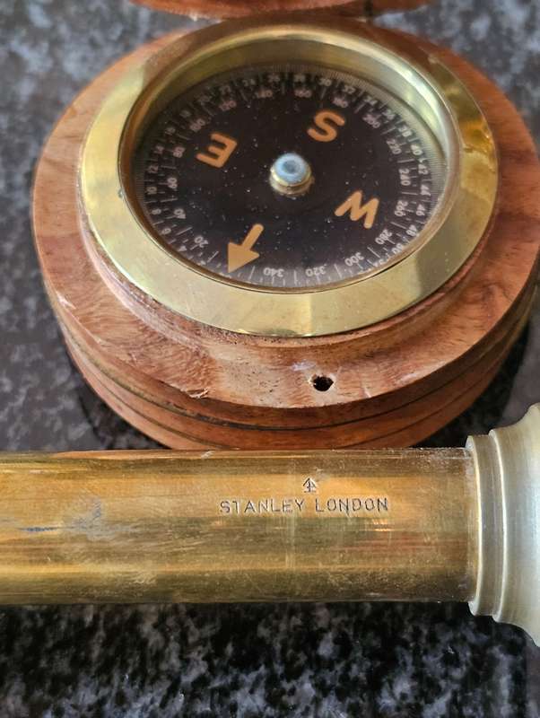 Antique Brass and Wood Stanley Telescope and Compass