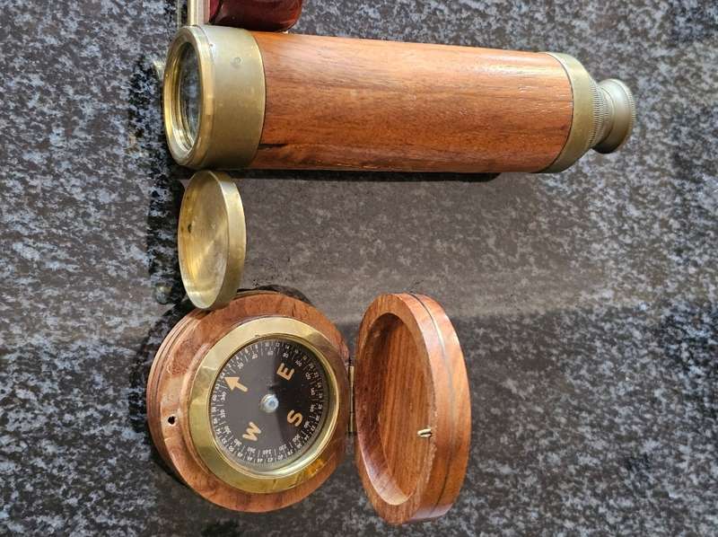 Antique Brass and Wood Stanley Telescope and Compass