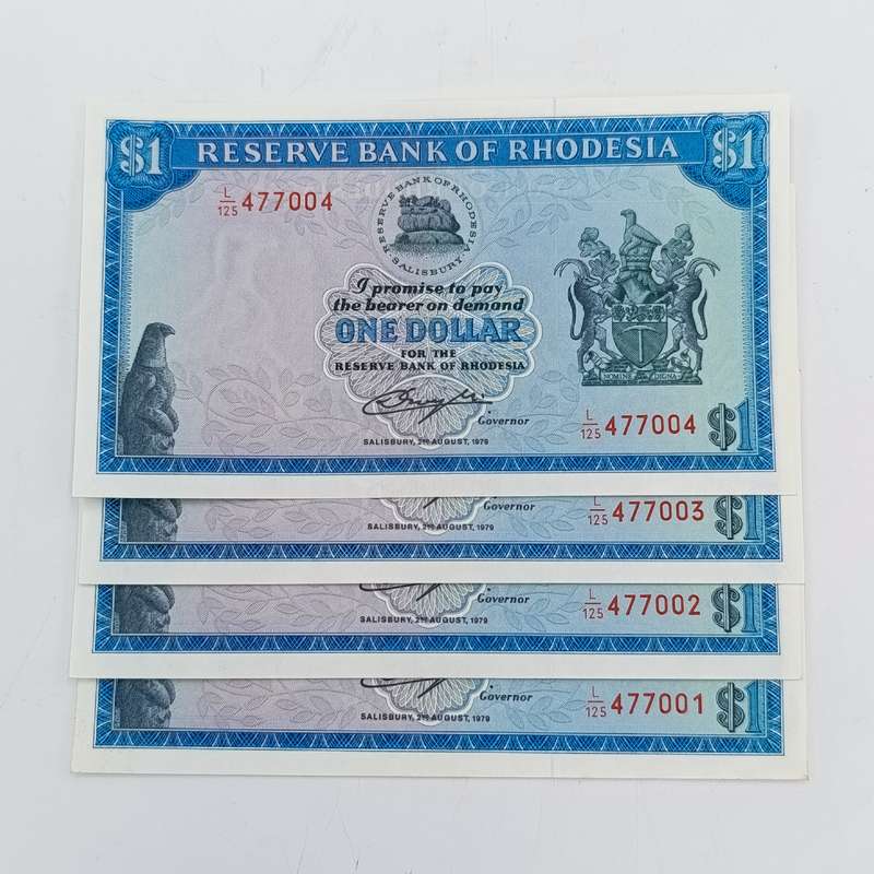 Rhodesia one dollar banknotes 2 August 1979 uncirculated consecutive lot of 4 notes