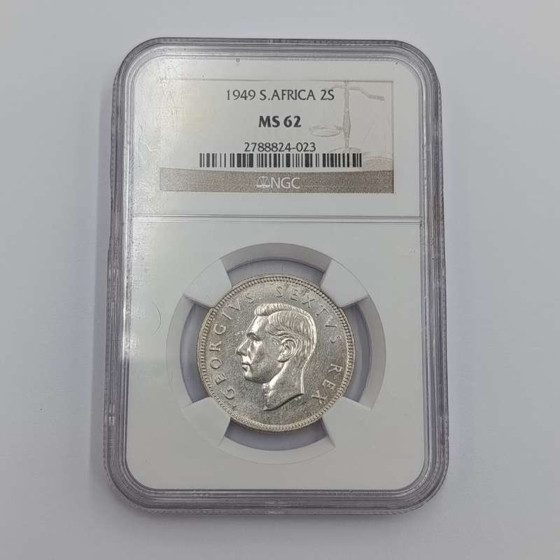 1949 SA Union 2 shilling graded MS62 by NGC
