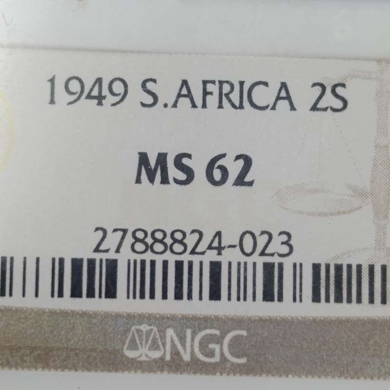 1949 SA Union 2 shilling graded MS62 by NGC