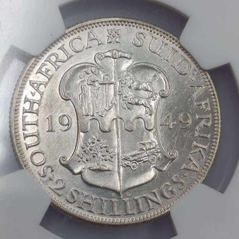 1949 SA Union 2 shilling graded MS62 by NGC