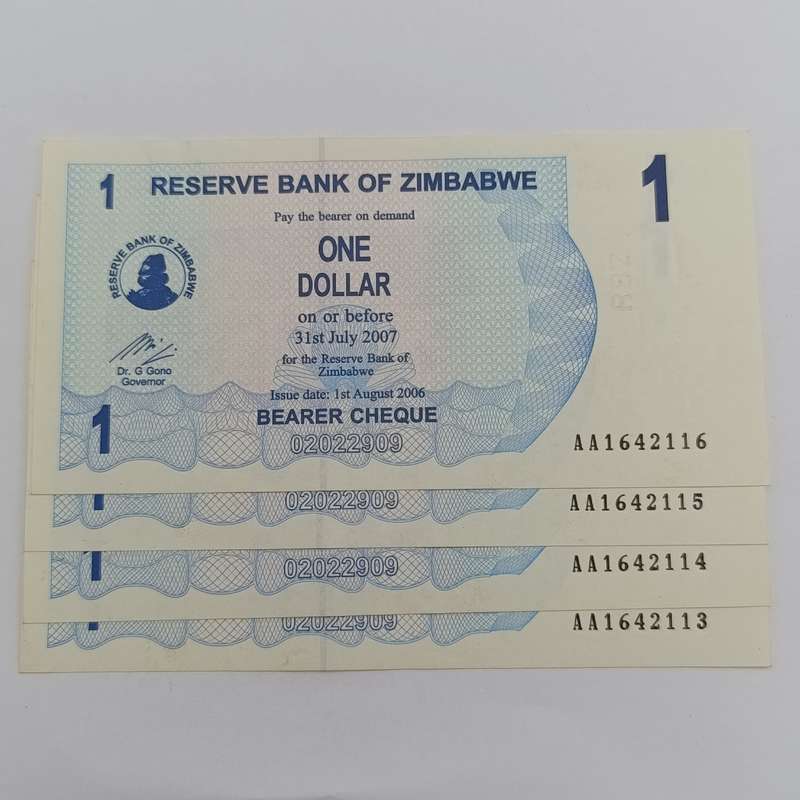 Zimbabwe - Lot of 4 bearer cheques with consecutive numbers - One dollar issued 2006