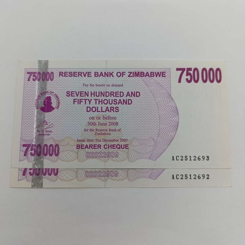 Zimbabwe 2007 issue bearer cheques 750 000 dollars - Double thick printing of serial numbers