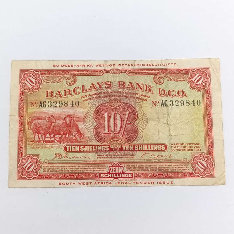 South West Africa Barclays Bank Ten Sjielings banknote