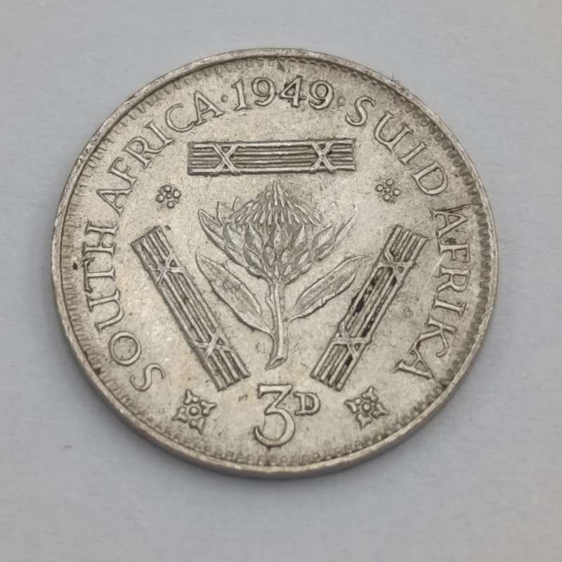 South Africa 1949 3d tickey - cracked die both sides
