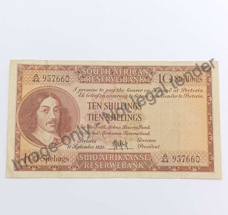 MH de Kock Banknote 2nd issue 10 shillings VF 1951 melamine