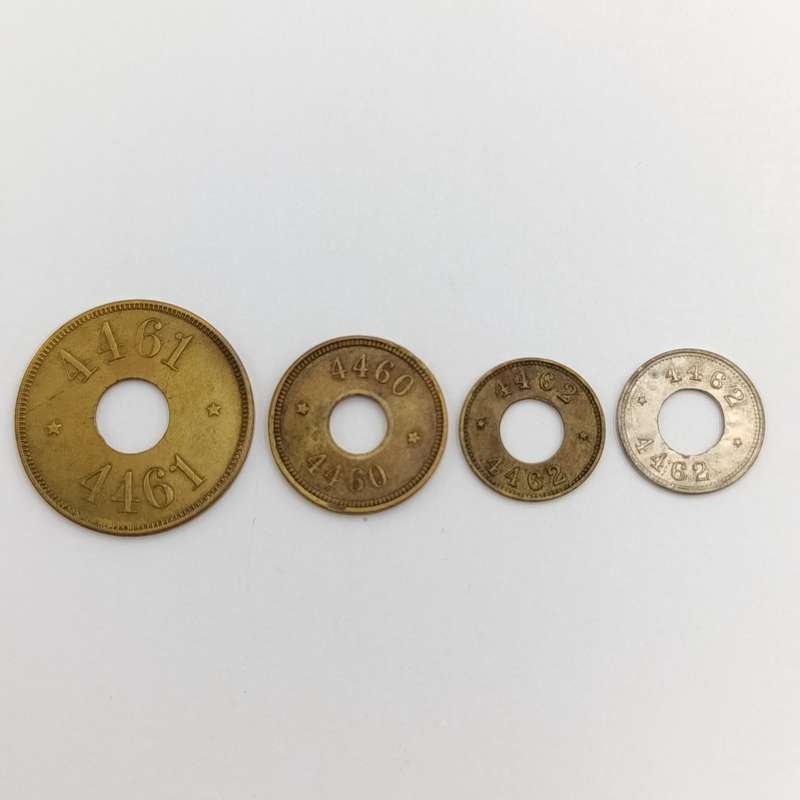 Lot of 4 different tokens 4461 large, 4460 medium, 4462 small (nickel & brass)
