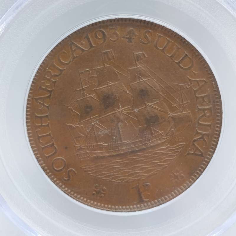1934 SA Union one Penny graded AU55 by PCGS