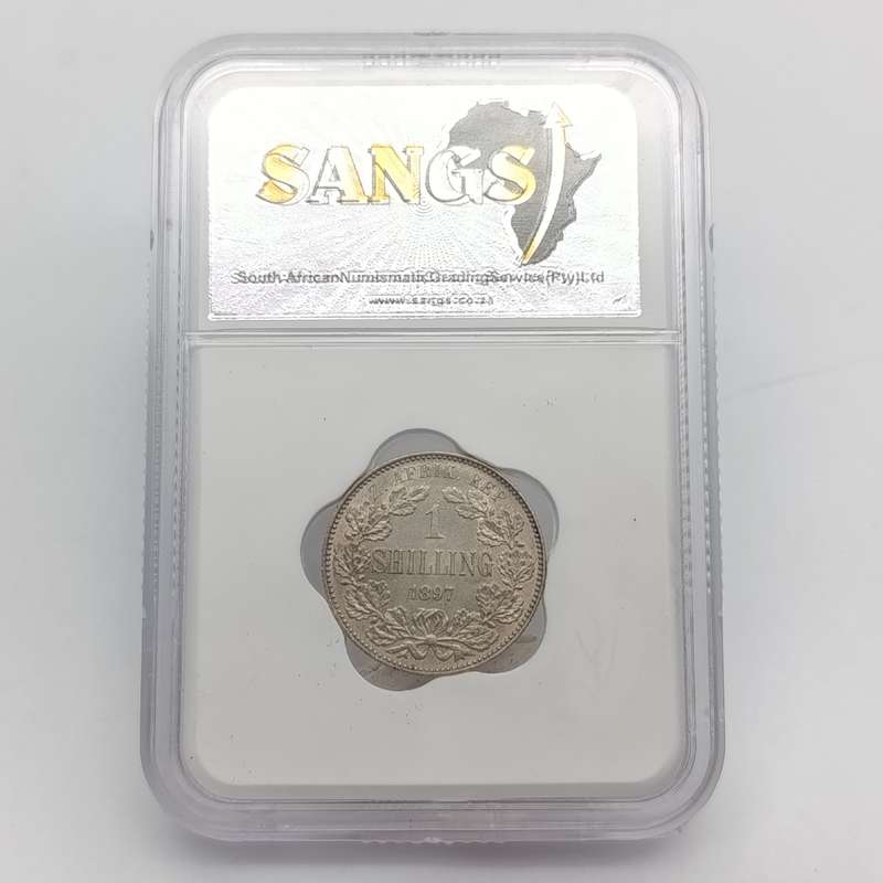 1897 ZAR Kruger silver one shilling graded AU53 by SANGS