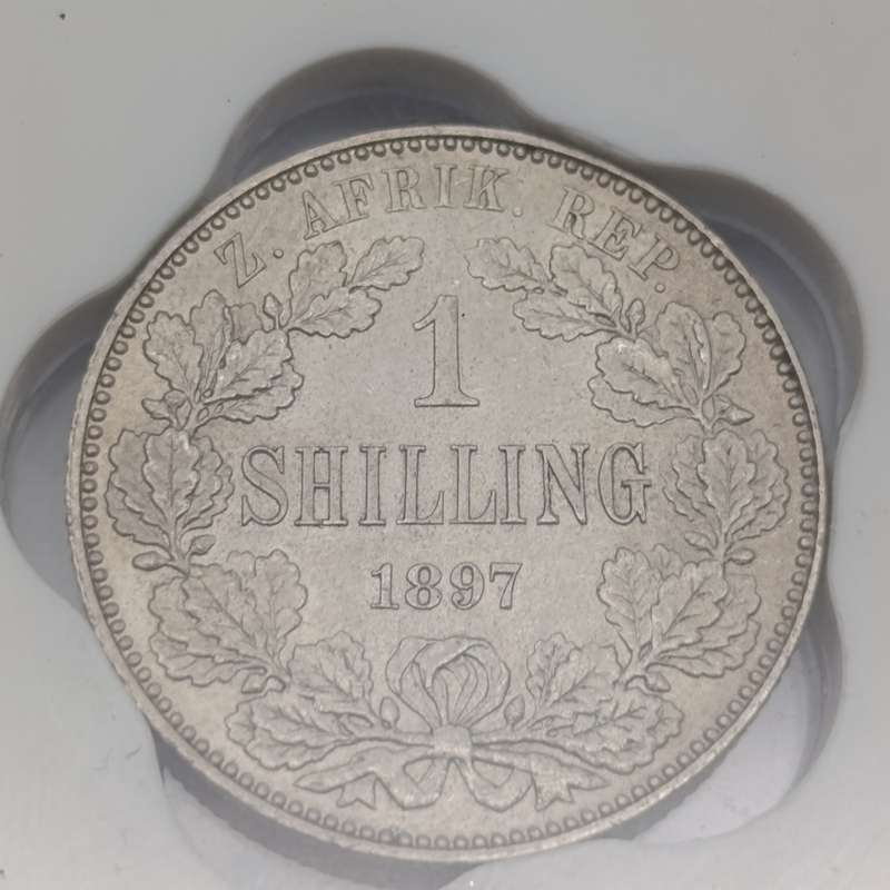1897 ZAR Kruger silver one shilling graded AU53 by SANGS