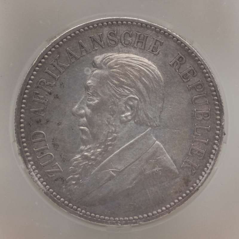 1892 ZAR Kruger silver 5 shilling crown single shaft graded AU53 by SANGS