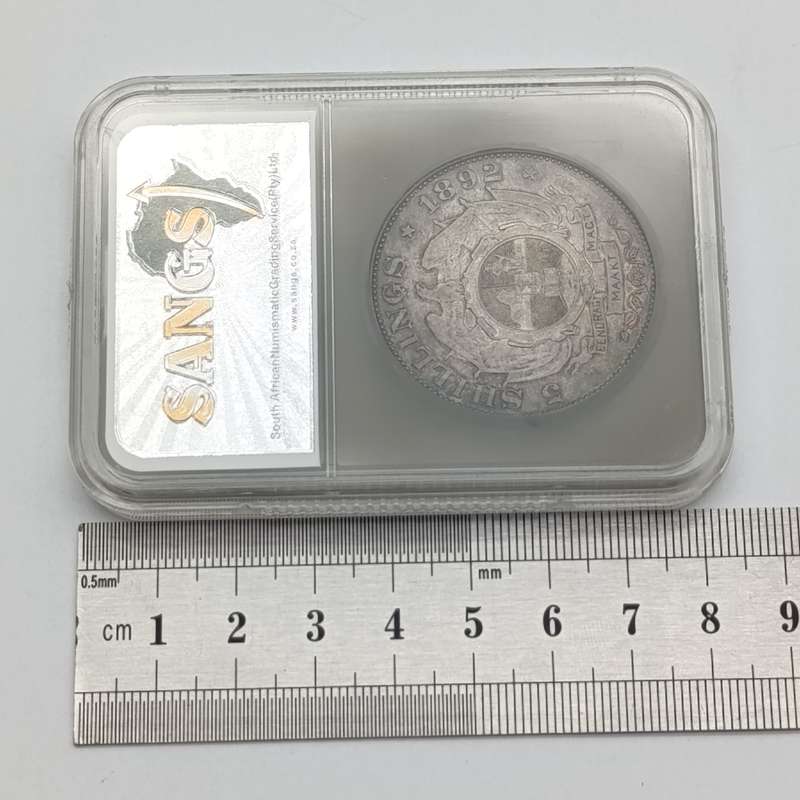 1892 ZAR Kruger silver 5 shilling crown single shaft graded AU53 by SANGS